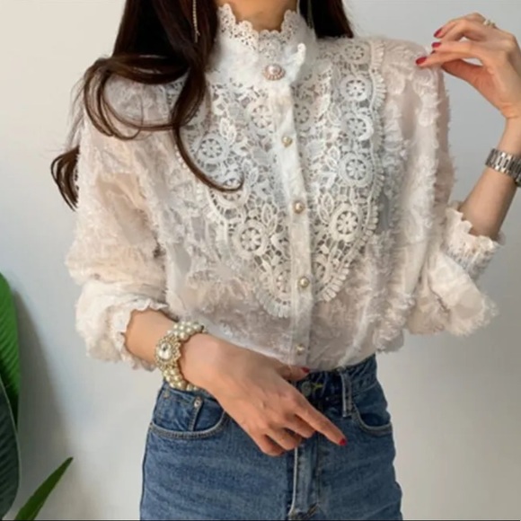 Lace Blouse Button Up Collar Floral Puff Sleeve White Fashion cream - Picture 8 of 9